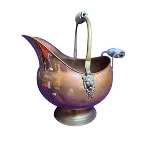 Antique Copper Coal Scuttle Bucket Decorative Lion Handle Ceramic Brass Accents